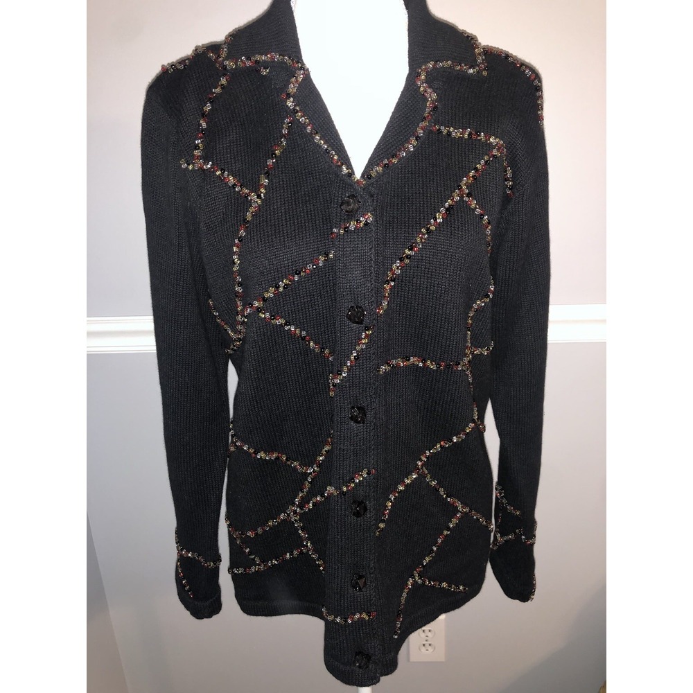 New Storybook Knits Cardigan Sweater Womens XS Black Beaded Embroidery Collar